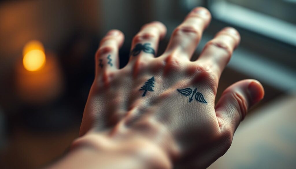 A close-up, high-resolution, photorealistic image of a person's hand with several meaningful tattoos. The tattoos include a small compass rose, a simple line drawing of a tree, and a small pair of wings. The hand is positioned in the foreground, with a soft, warm lighting that highlights the details of the tattoos. The background is blurred and out of focus, creating a sense of depth and emphasizing the tattoos as the main focus. The overall mood is contemplative and personal, reflecting the significance of the chosen tattoo designs.