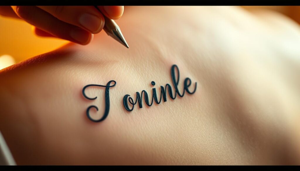 A close-up, high-resolution shot of a person's hand delicately tracing the outline of a personalized tattoo design on their skin. The tattoo features a beautifully stylized, calligraphic script spelling out a unique name or word. Soft, warm lighting illuminates the scene, creating a tranquil, intimate atmosphere. The hand's movements are deliberate and thoughtful, conveying the care and attention being put into the customization process. The background is blurred, keeping the focus on the personalized tattoo experience. The overall tone is one of introspection, self-expression, and the joy of creating something truly unique.