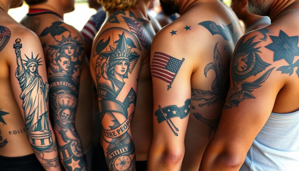 A close-up, high-resolution view of diverse "We The People" tattoos across the arms, shoulders, and torso of various individuals. The tattoos feature intricate designs, including the iconic Statue of Liberty, American flags, and patriotic symbols, rendered in a range of styles from classic American traditional to modern abstract. The tattoos are captured in natural lighting, showcasing the detailed linework, shading, and vibrant colors against the subjects' skin tones. The overall scene conveys a sense of pride, unity, and the deep personal significance of these meaningful tattoos.