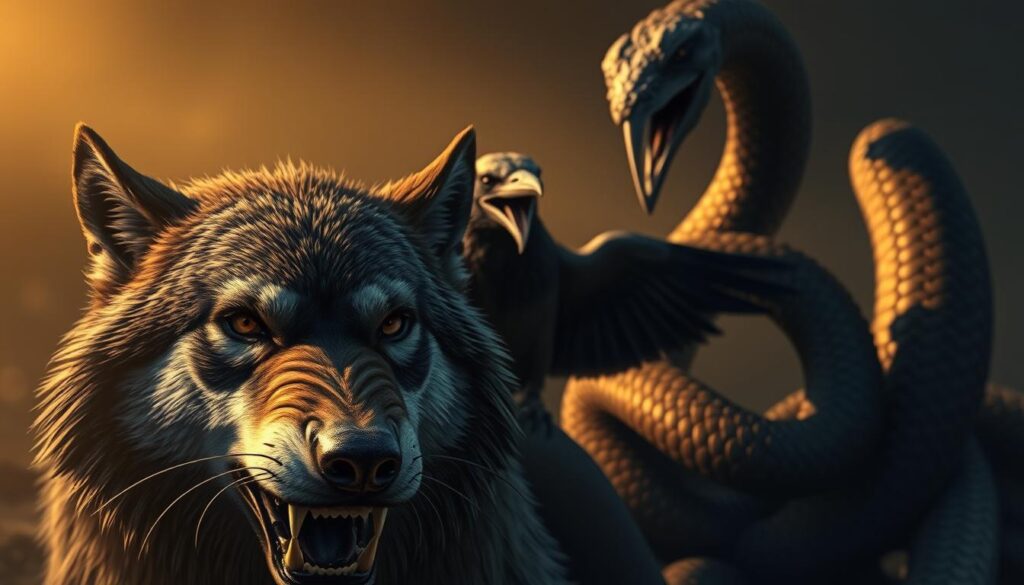 A close-up, highly detailed digital illustration of iconic Viking animal symbols, rendered in a moody, atmospheric style. The foreground features a fierce wolf, its piercing gaze and sharp fangs capturing the fierce spirit of the Vikings. In the middle ground, a majestic raven with outstretched wings symbolizes wisdom and prophecy. In the background, a coiled serpent, its scales glistening, represents the unpredictable forces of nature that the Vikings revered. The scene is bathed in a warm, golden light, casting dramatic shadows and lending an ancient, timeless quality to the composition. The overall mood is one of power, mysticism, and the deep connection between the Vikings and the natural world.