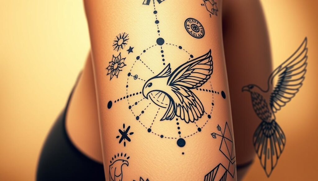 A close-up, highly detailed digital illustration showcasing a diverse array of animal tattoo symbols on a female's arm. The foreground features intricate line-work designs of a butterfly, a lion, and a majestic eagle, each rendered with precise, lifelike precision. The middle ground depicts stylized dots, lines, and geometric patterns weaving between the animal motifs, creating a visually striking and harmonious composition. The background is a soft, warm gradient, allowing the tattoo artwork to take center stage. The overall mood is one of strength, elegance, and a deep connection to the natural world, reflecting the thematic focus of "Animal Inspirations: Butterflies, Lions, and Beyond". A close-up, highly detailed digital illustration showcasing a diverse array of animal tattoo symbols on a female's arm. The foreground features intricate line-work designs of a butterfly, a lion, and a majestic eagle, each rendered with precise, lifelike precision. The middle ground depicts stylized dots, lines, and geometric patterns weaving between the animal motifs, creating a visually striking and harmonious composition. The background is a soft, warm gradient, allowing the tattoo artwork to take center stage. The overall mood is one of strength, elegance, and a deep connection to the natural world, reflecting the thematic focus of "Animal Inspirations: Butterflies, Lions, and Beyond".