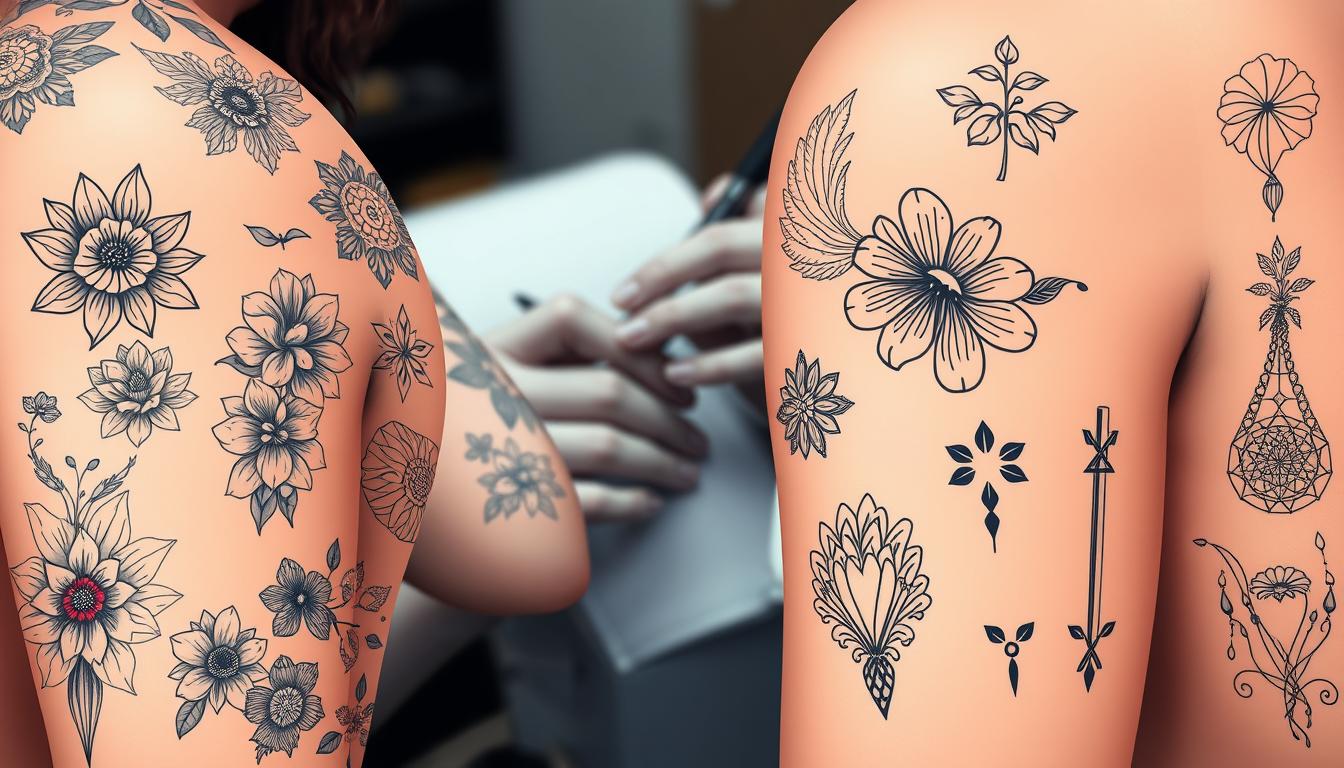 A close-up, highly detailed digital illustration showcasing a variety of medium-sized tattoo designs. The foreground features a diverse array of realistic tattoo artwork, including intricate floral motifs, geometric patterns, abstract swirls, and minimalist line work. The middle ground captures the tattoos being applied on a human canvas, with a skilled tattoo artist's hands and tools visible. The background is softly blurred, maintaining the focus on the unique tattoo concepts. The lighting is natural and evenly distributed, emphasizing the fine details and textures of the ink on skin. The overall mood is one of artistic inspiration and body positivity, inviting the viewer to consider their next meaningful medium tattoo.