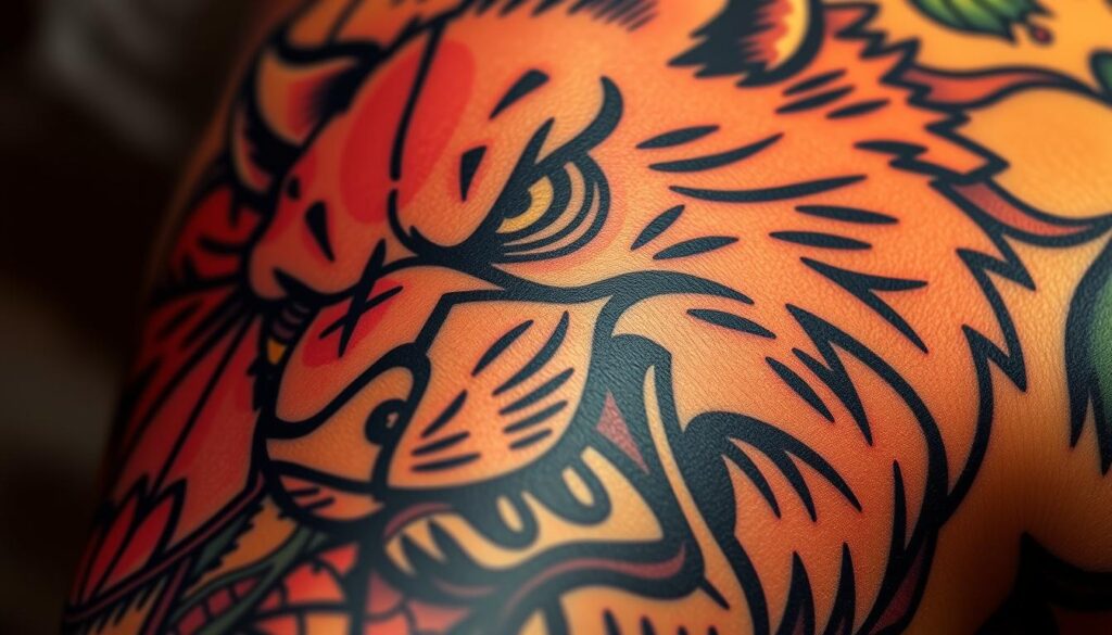 A close-up, highly detailed illustration of an American traditional style tattoo design, featuring a bold, iconic animal motif. The tattoo art is characterized by bold, saturated colors, thick black outlines, and a sense of timeless, vintage aesthetics. The design is rendered with precision and crisp shading, capturing the rugged, iconic nature of this enduring tattoo style. The lighting is dramatic, with warm highlights and deep shadows that accentuate the dimensional quality of the tattoo work. The angle is slightly angled, providing an immersive, up-close perspective that showcases the striking visual impact of this American traditional tattoo.