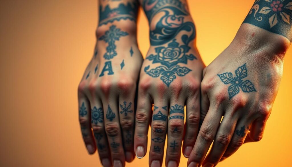 A close-up, highly detailed, macro shot of diverse hand tattoos, showcasing a variety of intricate designs and styles. The tattoos are crisp, vibrant, and showcased against a softly lit, neutral background, allowing the ink work to be the focal point. The hands are positioned in a natural, relaxed manner, capturing the artistry and craftsmanship of the tattoos. Warm, directional lighting from the side creates depth and highlights the textures of the skin and ink. The image conveys a sense of artistry, care, and professionalism in the execution of the hand tattoos.