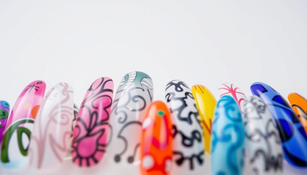 A close-up, highly detailed photograph of an assortment of acrylic nails showcasing various intricate designs and customizations. The nails are positioned at an angle, capturing their vibrant colors, patterns, and textures in a well-lit, studio-style setting with a soft, diffused light source. The nails are placed against a clean, minimalist background, allowing the designs to take center stage. The image conveys a sense of artistry, creativity, and the versatility of acrylic nail customization. A close-up, highly detailed photograph of an assortment of acrylic nails showcasing various intricate designs and customizations. The nails are positioned at an angle, capturing their vibrant colors, patterns, and textures in a well-lit, studio-style setting with a soft, diffused light source. The nails are placed against a clean, minimalist background, allowing the designs to take center stage. The image conveys a sense of artistry, creativity, and the versatility of acrylic nail customization.