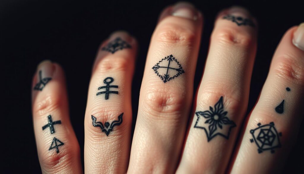 A close-up, highly detailed shot of several symbolic finger tattoo designs, showcasing intricate linework, negative space, and minimalist geometric patterns. The designs are rendered in shades of black and gray, with a delicate, etched quality that suggests a personal, almost meditative process of self-expression. The lighting is soft and directional, casting subtle shadows that accentuate the tactile nature of the skin and the artistry of the tattoos. The overall mood is contemplative, inviting the viewer to closely examine the deeper meanings and stories behind these meaningful, personal marks.