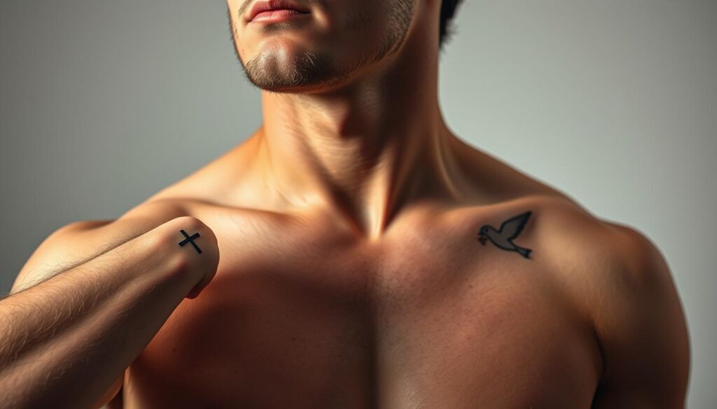 A close-up, hyper-detailed photograph of a variety of small, minimalist Christian tattoos for men, including a simple cross, a fish symbol, and a dove. The tattoos are depicted on the inner forearm, wrist, and shoulder of a Caucasian male model with a muscular, athletic build, against a plain, neutral background with soft, diffused lighting from the side, creating subtle shadows and highlights that accentuate the intricate line work and subtle shading of the tattoo designs. The overall mood is one of reverence, personal faith, and quiet contemplation.