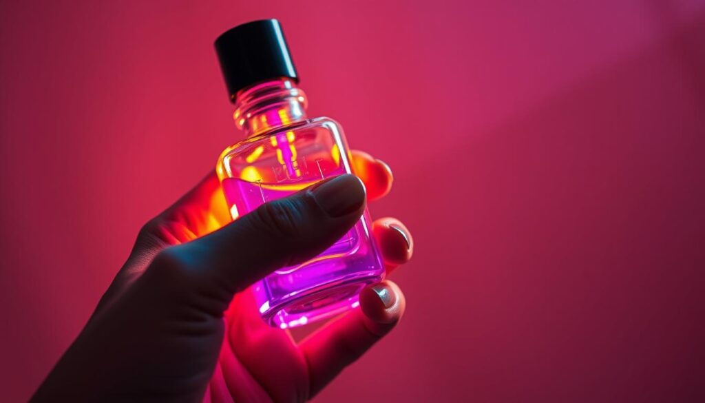 A close-up, hyper-realistic image of a hand holding a glass bottle filled with a vibrant, glowing gel nail polish against a soft, out-of-focus background. The lighting is warm and directional, casting subtle shadows and highlights on the hand and bottle, emphasizing the texture and sheen of the gel. The composition places the bottle prominently in the foreground, with the hand gently gripping it, conveying a sense of uncertainty and contemplation. The overall mood is one of introspection, as the viewer is invited to ponder the potential benefits and risks of using gel nail products.