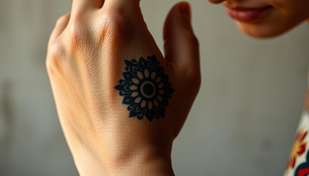 A close-up, hyper-realistic portrait of a person's hand adorned with a detailed, intricate cultural tattoo. The tattoo design features a harmonious blend of symbolic motifs and geometric patterns, reflecting the rich heritage and deep significance of the wearer's cultural identity. The hand is positioned prominently in the frame, with soft, natural lighting accentuating the texture of the skin and the vibrant, saturated colors of the tattoo ink. The background is blurred, keeping the focus solely on the hand and the meaningful tattoo. The overall mood is one of reverence, showcasing the tattoo as a cherished expression of the wearer's cultural roots and personal journey.