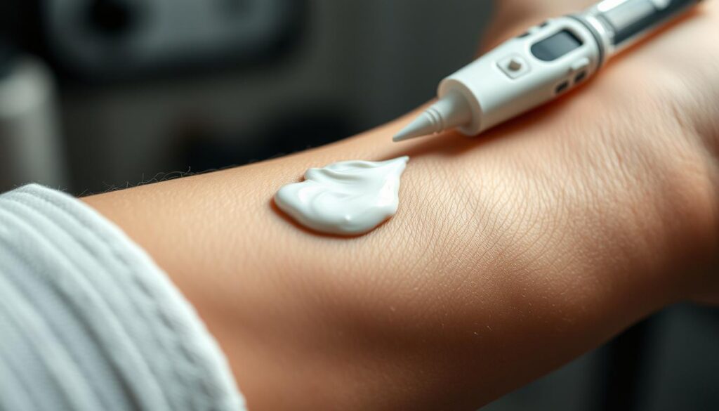 A close-up, hyper-realistic view of a person's arm with a fresh tattoo, the skin gently glistening as a thin layer of numbing cream is applied. The scene is bathed in soft, diffused lighting that accentuates the texture of the skin and the subtle sheen of the cream. The focus is sharp, drawing the viewer's attention to the process of preparing the tattooed area for the next steps. The background is blurred, creating a sense of depth and emphasizing the subject. The overall mood is one of anticipation and careful preparation, capturing the effectiveness of the numbing cream in preparing the skin for the tattoo process.