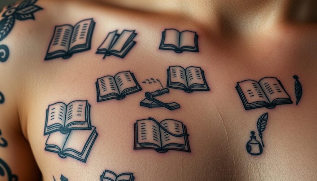 A close-up, hyper-realistic view of several intricate book tattoos adorning a person's skin. The tattoos feature delicate designs of open books, spines, pages, and literary motifs like quills, ink bottles, and silhouettes of readers. The tattoos are rendered in a mix of black ink, shades of gray, and subtle splashes of color that capture the essence of the printed word. The skin texture is lifelike, with pores and slight imperfections visible. The lighting is soft and diffused, highlighting the fine details of the tattoo work. The overall composition emphasizes the allure and permanence of these literary-inspired ink designs.