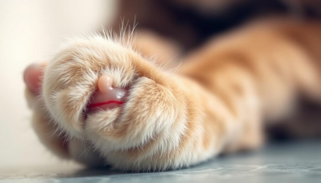 A close-up image of a cat's paw, with the focus on the quick (blood vessel) inside the nail. The paw is positioned at a slight angle, highlighting the nail structure and the translucent quick. The lighting is soft and diffused, creating a gentle, educational atmosphere. The background is blurred, keeping the attention on the paw. The image showcases the anatomy of the cat's nail, providing a clear visual reference for understanding where the quick is located and why it's important to be mindful of it when trimming a cat's nails. A close-up image of a cat's paw, with the focus on the quick (blood vessel) inside the nail. The paw is positioned at a slight angle, highlighting the nail structure and the translucent quick. The lighting is soft and diffused, creating a gentle, educational atmosphere. The background is blurred, keeping the attention on the paw. The image showcases the anatomy of the cat's nail, providing a clear visual reference for understanding where the quick is located and why it's important to be mindful of it when trimming a cat's nails.