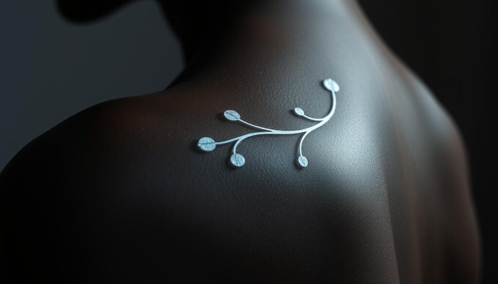 A close-up image of a delicate white ink tattoo on dark skin, depicted with meticulous realism. The design features intricate linework and subtle gradients, creating an ethereal, almost ghostly appearance. The tattoo is illuminated by soft, diffused lighting, casting gentle shadows that accentuate the three-dimensional texture of the skin. The background is muted and minimalist, allowing the tattoo to be the sole focus of the frame, captured at a medium close-up angle to showcase the delicate details. The overall mood is one of understated elegance and the quiet beauty of this unique form of body art.