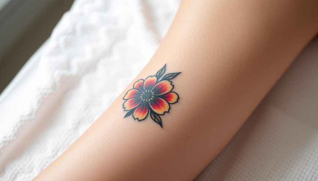 A close-up image of a freshly-tattooed arm, the skin glistening with a light layer of tattoo aftercare ointment. The tattoo, a vibrant floral design, stands out against the slightly reddened skin. In the background, a clean white towel provides a simple, minimalist backdrop. Soft, diffused lighting illuminates the scene, creating a soothing, serene atmosphere. The composition emphasizes the intricate details of the tattoo and the care required to maintain its vivid colors and sharpness over time. The overall mood conveys the importance of proper aftercare in preserving the beauty and longevity of a color tattoo.