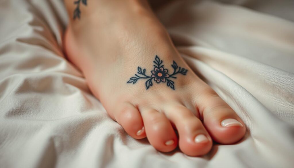 A close-up image of a freshly tattooed foot, showing the skin's surface with a delicate floral design. The tattoo is slightly raised, with a slight redness around the edges, indicating it is in the early stages of healing. The foot is resting on a soft, pale fabric, creating a serene and intimate atmosphere. Soft, diffused lighting illuminates the scene, casting gentle shadows and highlighting the intricate details of the tattoo. The overall mood is one of care and attention, reflecting the importance of proper aftercare for a new foot tattoo.