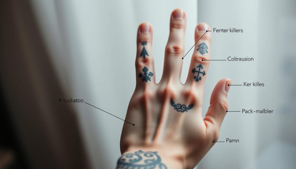 A close-up image of a human hand, with various hand tattoo placements illustrated. The hand is positioned prominently in the center, showcasing the different tattoo designs and their locations, such as on the fingers, knuckles, palm, and back of the hand. The lighting is soft and diffused, creating a delicate, almost ethereal atmosphere. The background is blurred, placing the focus entirely on the hand and the intricate tattoo art. The image conveys a sense of artistry, personal expression, and the diverse possibilities for hand tattoo placements.