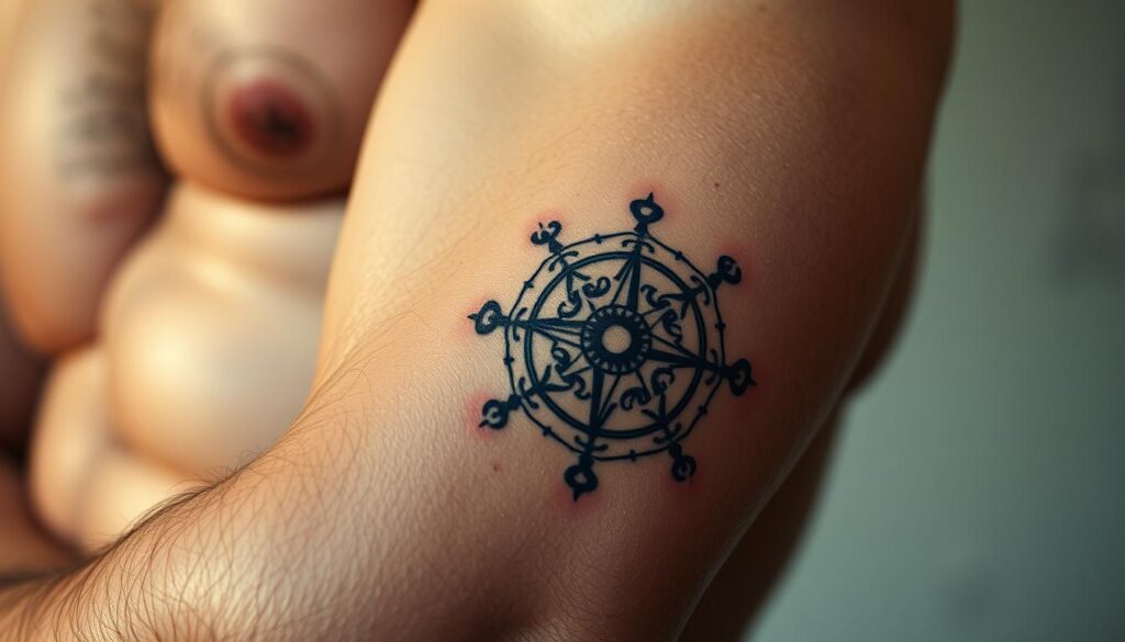 A close-up image of a muscular male forearm, with a detailed Norse protection symbols tattoo prominently displayed. The tattoo features intricately woven runes, Vegvísir compass symbols, and Helm of Awe designs, all rendered in a bold, high-contrast black ink style. The skin has a slightly weathered, rugged texture, reflecting the subject's adventurous Viking lifestyle. Soft, warm lighting illuminates the tattoo, casting subtle shadows that accentuate the intricate linework. The composition is framed tightly, focusing the viewer's attention on the powerful symbolism and craftsmanship of the tattoo design.