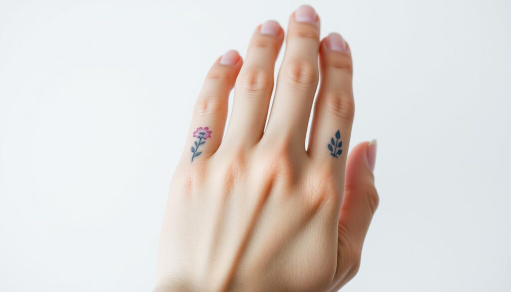 A close-up image of a person's hand with delicate, feminine finger tattoos. The tattoos are in shades of pink, lavender, and soft blue, depicting floral and abstract designs. The skin around the tattoos appears healthy and moisturized, with a subtle glow. The hand is positioned in a relaxed, natural pose, against a clean, neutral background that allows the tattoos to be the focal point. The lighting is soft and diffused, creating a serene, intimate atmosphere. The overall tone is one of delicate, well-maintained, and visually appealing finger tattoos.