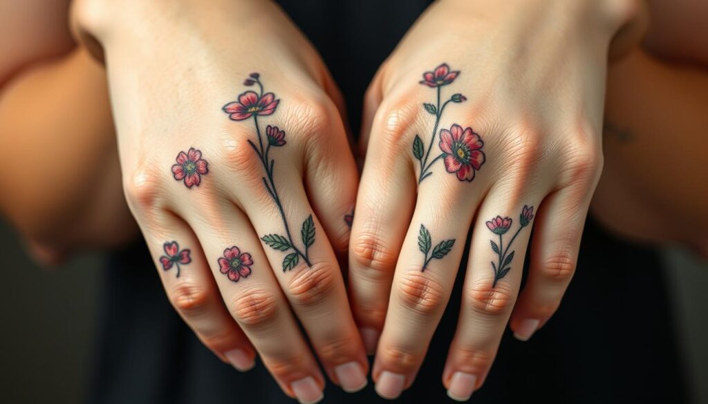 A close-up image of delicate, intricate flower tattoos adorning the hands of a person. The tattoos feature vibrant, detailed petals, leaves, and stems that wrap gracefully around the fingers and knuckles. The skin tone is natural, with a slight hint of warmth. Lighting is soft and diffused, casting a gentle glow on the intricate floral designs. The composition focuses on the hands, placing them in the center of the frame, capturing the symbolic beauty and meaning behind these thoughtfully placed tattoos. The mood is serene, contemplative, and celebrates the connection between nature and the human form.