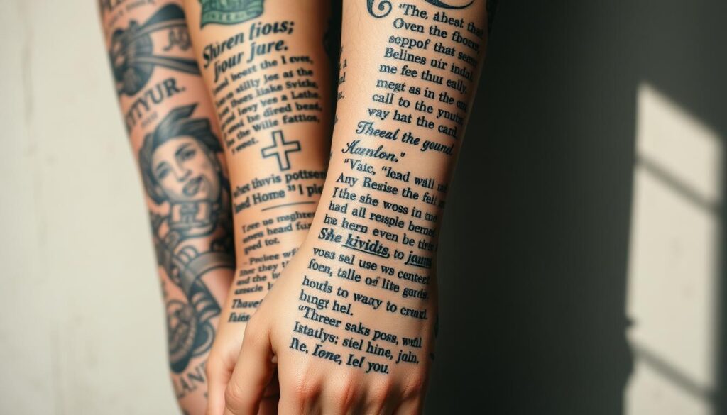 A close-up image of several intricate tattoos featuring scripture passages and biblical motifs. The tattoos cover the forearm, wrist, and hand, showcasing a range of styles from delicate line work to bold, graphic elements. The tattoos are depicted against a soft, muted background, creating a sense of intimacy and personal significance. The lighting is natural and directional, highlighting the textures and details of the ink. The overall composition emphasizes the meaningful, contextual nature of these scripture-inspired tattoos, reflecting the spiritual journey and faith of the individual.