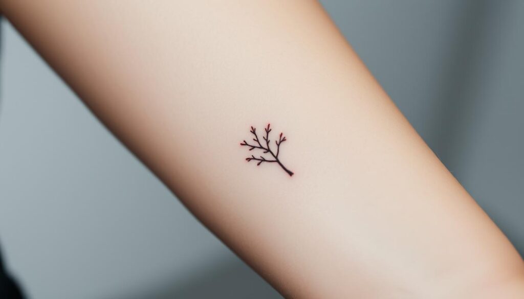 A close-up, macro photograph of a simple, minimalist memorial tattoo design. The tattoo features a delicate line drawing of a small tree silhouette, its branches reaching up towards the sky. The tattoo is inked in a soft, muted grey tone on the inner forearm. The skin texture and fine, wispy lines of the tattoo are clearly visible, conveying a sense of quiet, understated elegance. The lighting is soft and diffused, creating gentle shadows that accentuate the intricate details of the design. The overall mood is one of reverence, reflection, and a heartfelt tribute to a loved one.