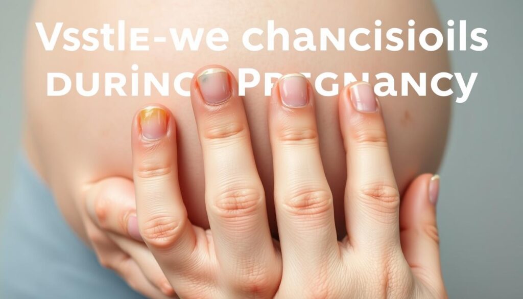 A close-up, macro-style photograph of a person's hands, showcasing the visible changes in their nails during pregnancy. The nails should appear thicker, more ridged, and with a slightly yellowed or discolored hue. The hands should be well-manicured, with a soft, healthy-looking skin tone. The lighting should be natural, with a soft, diffused quality that emphasizes the texture and details of the nails. The background should be a plain, neutral color that allows the nails to be the focal point of the image, conveying a sense of clinical, educational focus on the subject matter.