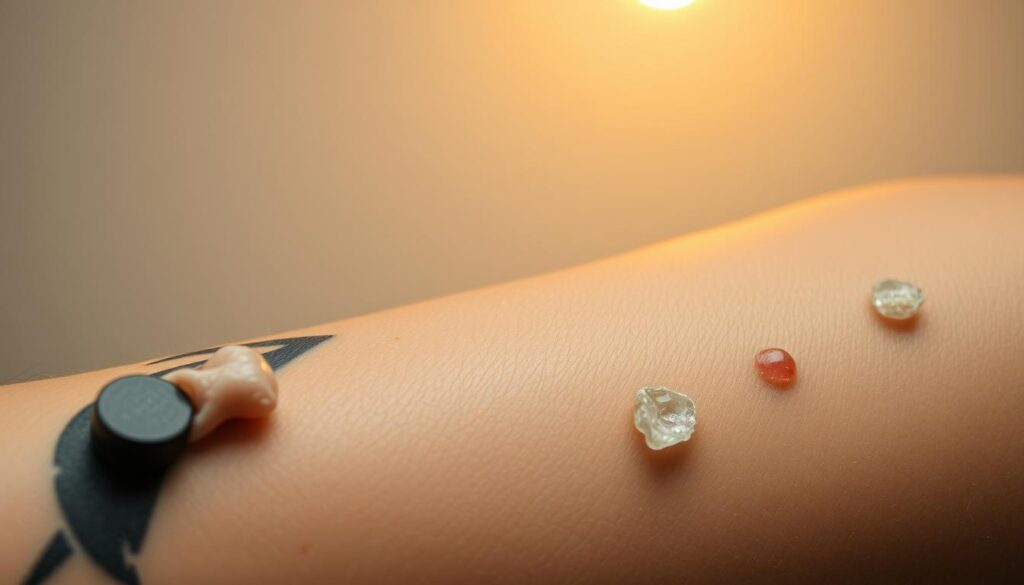 A close-up, macro view of a healing tattoo showcasing its progression through the different stages. The foreground depicts the tattoo in various states, from fresh and swollen to peeling and scabbing. The middle ground features the skin texture, with subtle redness and inflammation. The background is a neutral, soft-focus environment, allowing the tattoo to be the central focus. Warm, diffused lighting from an overhead source casts a gentle glow, highlighting the intricate details of the healing process. The overall mood is informative and educational, conveying the natural stages of tattoo healing in a visually compelling manner.