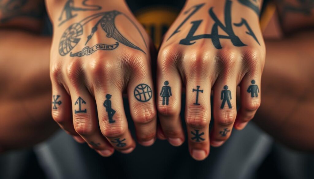 A close-up of Steph Curry's hands, revealing the detailed tattoos that adorn his skin. The tattoos are prominently displayed, capturing their intricate designs and personal meanings. The lighting is soft and flattering, emphasizing the textures and details of the ink. The background is blurred, keeping the focus solely on Curry's hands and the significance of his body art. The overall mood is contemplative, inviting the viewer to ponder the deeper significance behind each tattoo.