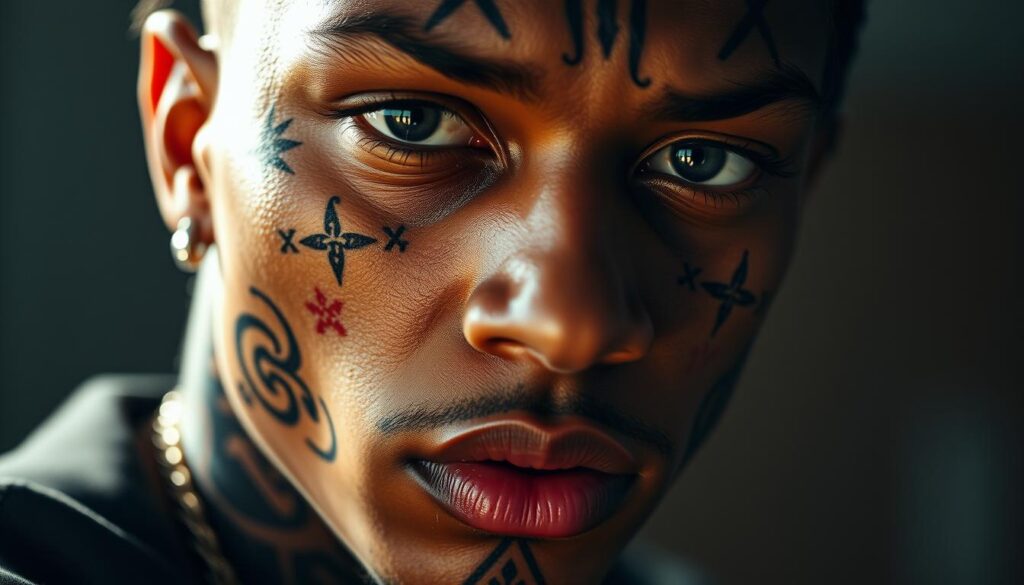 A close-up of XXXTentacion's striking face tattoos, captured with a high-resolution camera lens in soft, dramatic lighting. His piercing gaze and intense expression command attention, accentuated by the intricate, symbolic designs that cover his forehead, cheeks, and neck. The image conveys a sense of raw emotion and personal significance, reflecting the artist's complex persona and the profound impact of his iconic ink work. The background is subtly blurred, keeping the focus firmly on the powerful details of XXXTentacion's distinctive facial features.