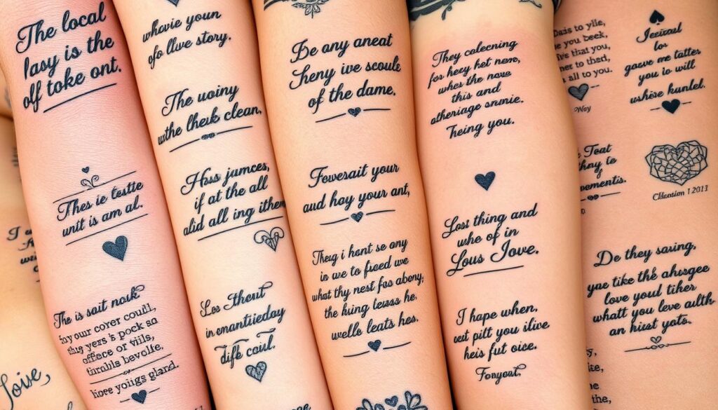 A close-up of a diverse collection of intricate, one-of-a-kind quote tattoo designs on a human skin canvas. The tattoos feature elegant calligraphy, minimalist line art, and symbolic imagery, each uniquely reflecting the wearer's personal story and values. The designs are depicted in a soft, natural lighting that highlights the texture and depth of the ink. The layout showcases the tattoos in a visually compelling, close-up manner, allowing the viewer to appreciate the artistry and individuality of each unique quote tattoo.