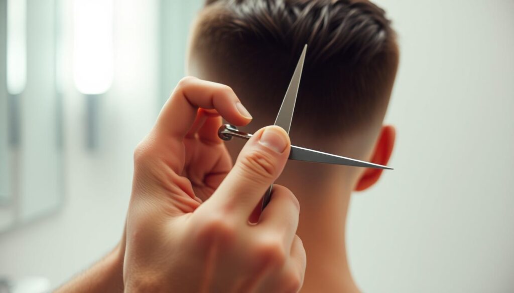 A close-up of a man's hands carefully trimming his neatly styled short haircut with sharp scissors, set against a minimalist, well-lit bathroom counter. The focus is on the precision of the grooming process, with the man's face out of frame to emphasize the task at hand. The lighting is soft and even, creating a calming, hygienic atmosphere. The background is clean and uncluttered, allowing the hair maintenance to be the central subject. The composition is balanced, with the hands and scissors occupying the foreground, providing a visually engaging and informative illustration of the hair cut maintenance process. A close-up of a man's hands carefully trimming his neatly styled short haircut with sharp scissors, set against a minimalist, well-lit bathroom counter. The focus is on the precision of the grooming process, with the man's face out of frame to emphasize the task at hand. The lighting is soft and even, creating a calming, hygienic atmosphere. The background is clean and uncluttered, allowing the hair maintenance to be the central subject. The composition is balanced, with the hands and scissors occupying the foreground, providing a visually engaging and informative illustration of the hair cut maintenance process.