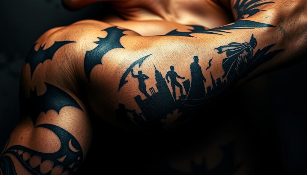 A close-up of a muscular, tattooed human arm featuring a variety of intricate Batman-themed tattoo designs. The foreground displays striking ink renderings of the iconic Bat symbol, the Joker's sinister grin, and Batman's cowl. The middle ground showcases bold line work and shading depicting Gotham City's dark skyline and silhouettes of the Dark Knight in various action poses. The background subtly enhances the moody, gritty atmosphere with an overlay of grungy textures and a dramatic chiaroscuro lighting scheme, casting dramatic shadows across the skin. The overall impression conveys the symbolic power and deep personal significance of a Batman tattoo as a bold statement of one's connection to the legendary superhero.