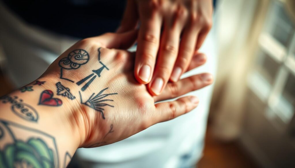 A close-up of a tattooed hand, the skin a canvas of intricate lines and vibrant hues, each design a symbolic representation of a cherished memory or personal connection. The foreground focuses on the intricate patterns, the interplay of light and shadow accentuating the depth and texture of the ink. In the middle ground, a second hand gently caresses the tattooed skin, a tender gesture that conveys the emotional significance of the markings. The background is blurred, drawing the viewer's attention to the intimate, heartfelt moment captured. The lighting is soft and natural, casting a warm, ethereal glow that enhances the sense of personal, sentimental meaning behind the tattoos.