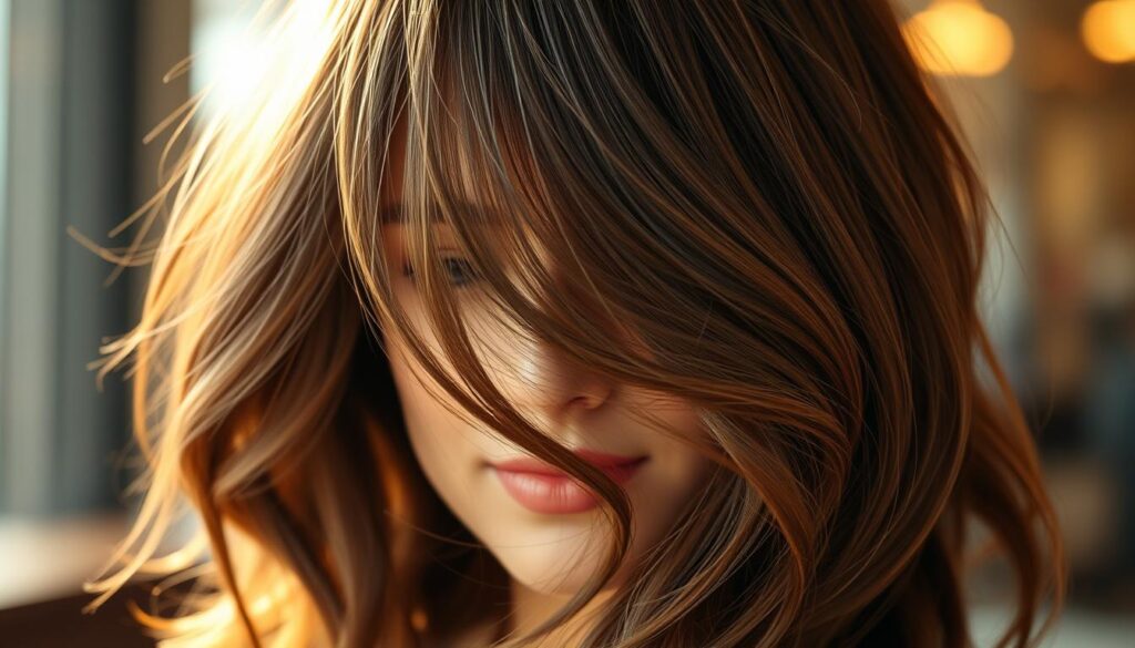 A close-up of a voluminous, layered hairstyle in warm, soft lighting. The layers cascade gracefully, framing the face and adding movement and dimension. The hair is a rich, glossy chestnut brown, with delicate highlights catching the light. The focus is on the shape and texture of the layers, showcasing their versatility and ability to flatter a variety of face shapes. The background is gently blurred, keeping the attention on the intricate layering and the benefits it provides, such as increased volume, face-framing and a youthful, effortless appearance. A close-up of a voluminous, layered hairstyle in warm, soft lighting. The layers cascade gracefully, framing the face and adding movement and dimension. The hair is a rich, glossy chestnut brown, with delicate highlights catching the light. The focus is on the shape and texture of the layers, showcasing their versatility and ability to flatter a variety of face shapes. The background is gently blurred, keeping the attention on the intricate layering and the benefits it provides, such as increased volume, face-framing and a youthful, effortless appearance.