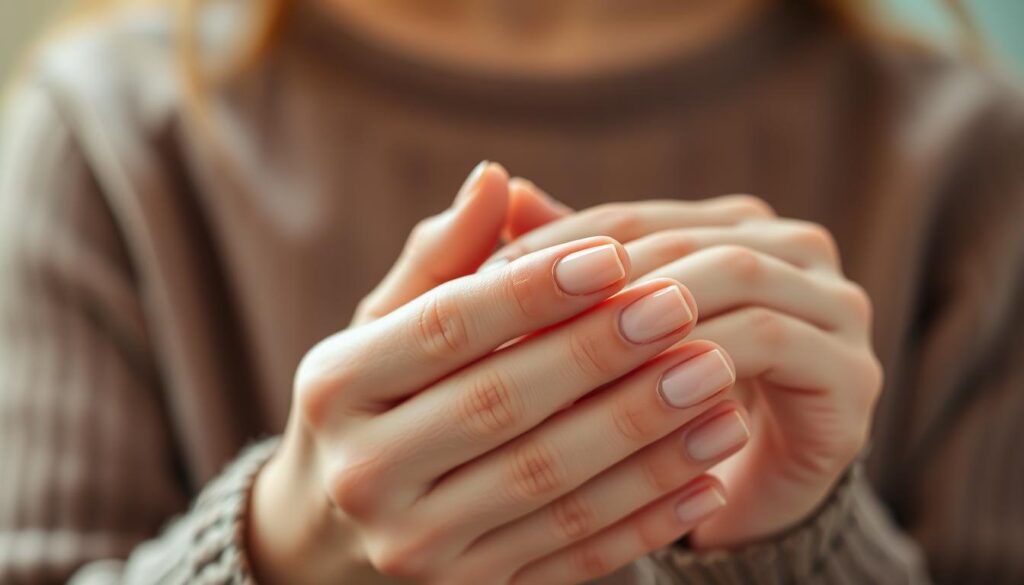 A close-up of a woman's hands, delicately applying a clear, glossy nail polish to her natural, well-manicured nails. The lighting is soft and diffused, creating a warm, soothing atmosphere. The background is blurred, placing the focus entirely on the hands and the thoughtful application of the protective coating. The nails are clean, trimmed, and free of any artificial enhancements, showcasing the natural beauty of the hands. The image conveys a sense of care, attention, and the importance of maintaining the health and integrity of one's natural nails.