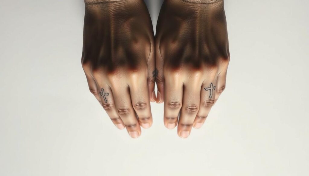 A close-up of delicately detailed praying hands tattoos, rendered in a photorealistic style. The hands are positioned in a reverent, prayerful pose, with intricate linework, subtle shading, and a soft, glowing light source. The tattoos are depicted against a clean, minimalist background, allowing the artistry and symbolic meaning to take center stage. The overall mood is one of quiet devotion and a deep, personal connection to faith.