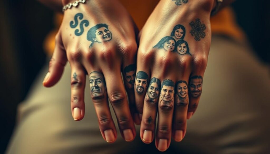 A close-up photograph of Ja Morant's hands, showcasing the intricate family-inspired tattoos covering his knuckles, palms, and wrists. The tattoos depict the faces of his loved ones, including his parents and siblings, rendered in a delicate, lifelike style with subtle shading and highlights. The image is captured in soft, warm lighting, emphasizing the personal and sentimental nature of the tattoos. The background is blurred, drawing the viewer's attention to the expressive details of the ink. The overall composition conveys a sense of intimacy and connection, reflecting the deep significance these tattoos hold for the NBA star.