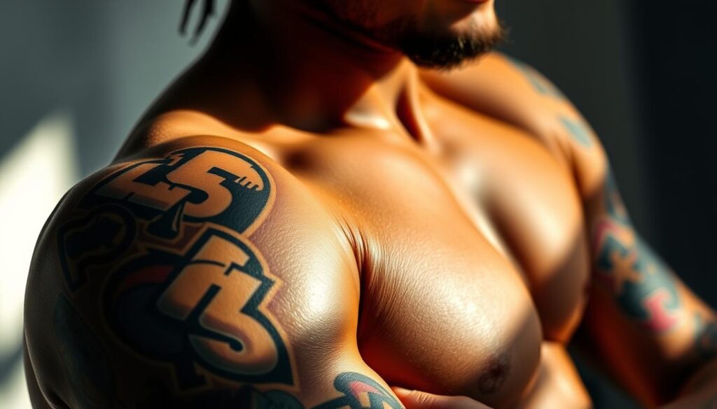 A close-up photograph of Neymar Jr's arm, showcasing his intricate and vibrant tattoos. The foreground focuses on the detailed designs, including stylized pop culture references and artistic elements. The middle ground reveals the muscular contours of his arm, with light casting shadows that accentuate the tattoo's depth and texture. The background is blurred, creating a sense of focus on the tattoo's visual storytelling. The overall image conveys a sense of Neymar's personal expression through his chosen body art, reflecting his passion for both pop culture and artistic self-representation.