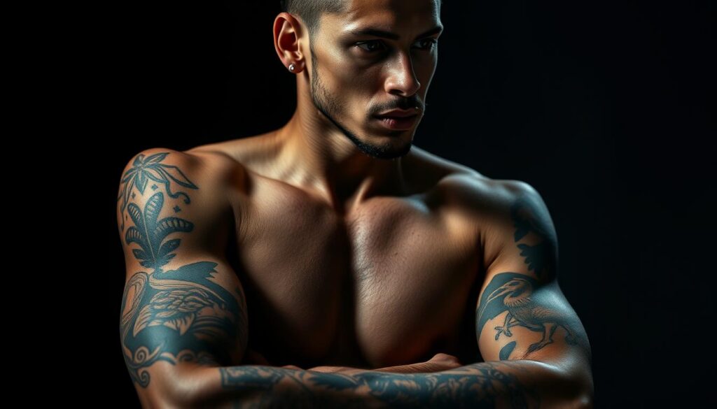 A close-up photograph of Neymar Jr's tattooed arms and torso, captured in a dimly lit studio setting. The tattoos are showcased in vivid detail, highlighting the intricate designs and vibrant colors. The subject is posed in a relaxed, thoughtful expression, with the camera angled to accentuate the contours of his muscular physique. Soft, directional lighting casts dramatic shadows, creating a moody, artistic atmosphere that emphasizes the personal, intimate nature of the tattoo process. The background is blurred, placing the focus entirely on the tattoos and the skill of the artists behind them.