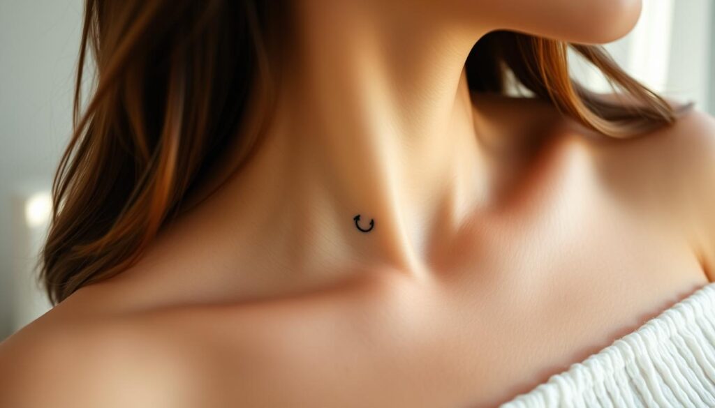 A close-up photograph of a delicate, minimalist tattoo design on a woman's skin. The tattoo is a simple line-art motif, such as a small star, crescent moon, or abstract symbol, placed discreetly on the wrist, behind the ear, or on the collarbone. The lighting is soft and natural, highlighting the intricate details and subtle shading of the tattoo. The background is blurred, keeping the focus on the intricate tattoo art. The overall mood is one of understated elegance and personal significance.