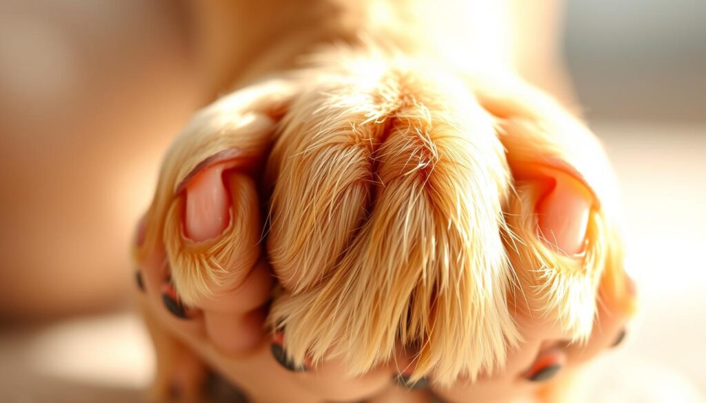 A close-up photograph of a dog's paw showcasing healthy, trimmed nails against a soft, blurred background. The nails are a natural, even length, with no sharp edges or overgrowth. Warm, natural lighting illuminates the paw, highlighting the smooth, healthy texture of the nail beds and surrounding skin. The composition emphasizes the importance of proper nail care, conveying a sense of well-being and responsible pet ownership. Crisp focus on the nails, with a shallow depth of field to draw the viewer's attention to the key details.