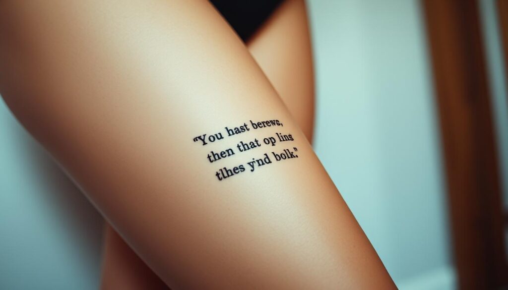 A close-up photograph of a female thigh featuring a detailed, minimalist tattoo of a literary quote. The skin is smooth and lightly tanned, with the tattoo design standing out in bold black lines. The tattoo is positioned high on the thigh, with just a hint of the surrounding skin visible. The lighting is soft and diffused, creating a warm, intimate atmosphere. The camera angle is slightly angled, giving a sense of intimacy and drawing the viewer's attention to the meaningful artwork on the skin. The overall tone is elegant, thoughtful, and evocative, capturing the essence of a personal, meaningful body adornment inspired by the written word.