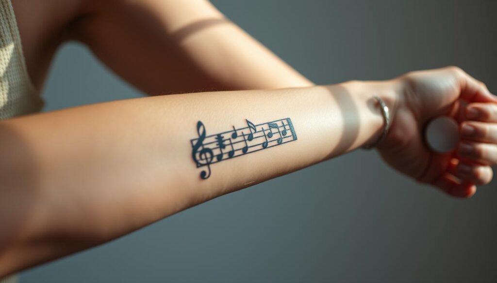 A close-up photograph of a female's arm, featuring a detailed tattoo design resembling a musical staff and lyrical notes. The skin tone is fair and the arm is positioned in a natural, relaxed pose. The lighting is soft and diffused, casting gentle shadows that accentuate the intricate linework of the tattoo. The background is blurred and minimalist, allowing the tattoo to be the focal point of the image. The overall mood is contemplative and artistic, capturing the personal expression and creative passion embodied by the tattoo design.