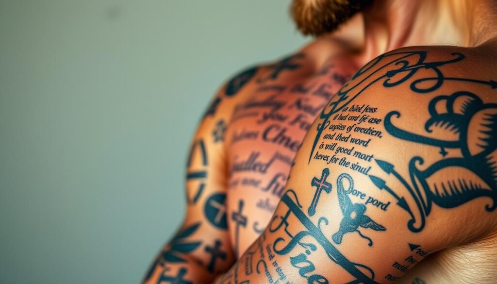 A close-up photograph of a muscular male arm covered in detailed Bible verse tattoos, featuring intricate religious symbols such as crosses, doves, and halos. The tattoos are beautifully rendered in a realistic, photorealistic style, with rich colors and subtle shading. The lighting is soft and directional, casting gentle shadows and highlights that accentuate the texture and depth of the ink. The arm is positioned in a slightly turned angle, allowing the viewer to appreciate the full breadth and composition of the tattoo design. The overall mood is one of spiritual devotion, personal expression, and artistic craftsmanship.