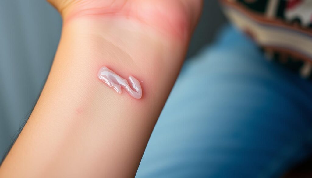 A close-up photograph of a person's arm and hand, featuring a freshly inked tattoo. The skin around the tattoo is slightly reddened and swollen, with a thin layer of clear ointment or lotion applied. The tattoo appears vibrant and crisp, the lines and colors bold and well-defined. The background is blurred, maintaining the focus on the tattoo and its aftercare. The lighting is soft and diffused, highlighting the texture of the skin and the sheen of the ointment. The overall mood is one of care, attention, and the early stages of the tattoo's healing process.