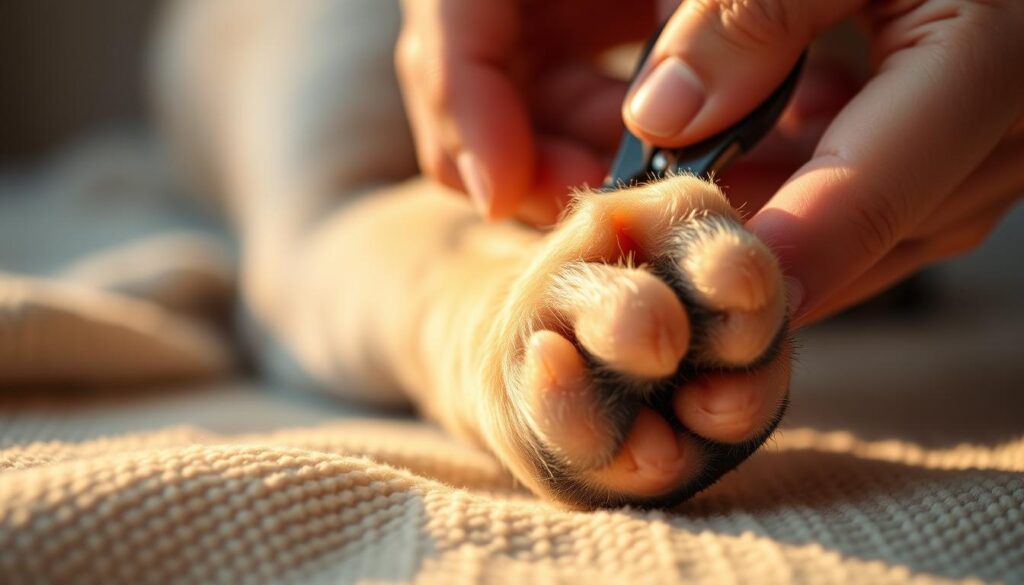 A close-up photograph of a person's hands carefully clipping the nails of a patient, well-behaved dog's paw. The dog's paw is resting on a soft, textured surface, such as a towel or blanket, to provide comfort. The lighting is warm and gentle, accentuating the delicate nature of the task. The person's fingers are positioned with precision, demonstrating the importance of proper nail trimming technique. The dog's expression conveys a sense of trust and cooperation, highlighting the necessity of regular nail maintenance for the animal's health and well-being.