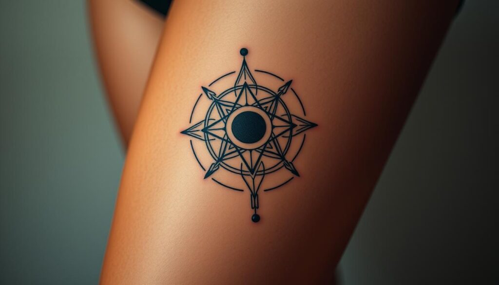 A close-up photograph of a thoughtful woman's thigh, showcasing an intricate philosophical tattoo design. The tattoo features a geometric pattern, intertwined with symbolic elements like a celestial moon, a compass, and delicate lines representing the flow of life. The skin is smooth and glowing, with a soft, matte finish illuminated by a warm, diffused light from an unseen source. The angle captures the curvature of the thigh, creating a sense of intimacy and personal reflection. The overall mood is one of quiet contemplation, inviting the viewer to ponder the deeper meanings and personal significance of the tattoo's design.