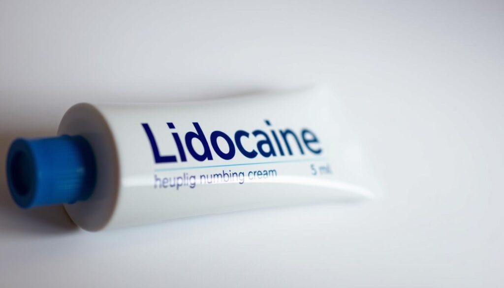 A close-up photograph of a white tube of lidocaine numbing cream against a plain background. The tube has a blue cap and the label clearly displays the product name. The lighting is soft and even, creating a clean and professional look. The image is in focus, with a shallow depth of field to emphasize the texture and details of the cream tube. The overall tone is clinical and informative, conveying the purpose and function of the product.
