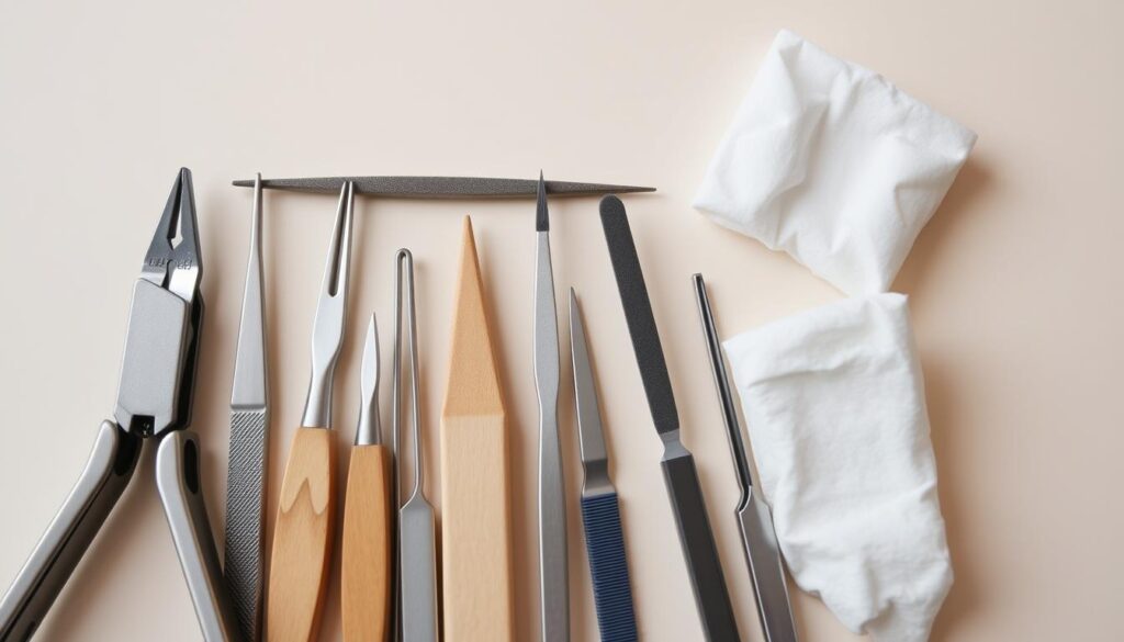 A close-up photograph of an assortment of acrylic nail removal tools, arranged neatly against a plain, light-colored background. The tools include metal nail clippers, cuticle pushers, nail files of various grits, and acetone-soaked cotton pads, all carefully positioned to showcase their purpose and functionality. The lighting is soft and diffused, creating subtle shadows that emphasize the textures and details of the items. The overall mood is one of practicality and efficiency, conveying the essential nature of these tools for the safe and effective removal of acrylic nails.