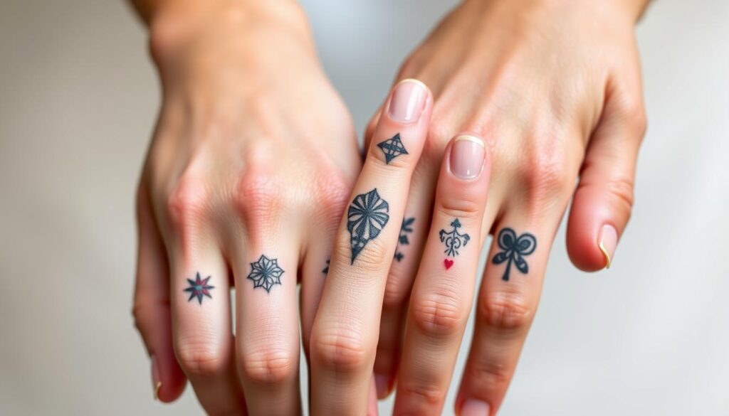 A close-up photograph of several celebrity-inspired finger tattoo designs, showcasing a variety of intricate, minimalist, and unique patterns. The tattoos are prominently displayed against a soft, neutral background, capturing the delicate details and artistry of the ink. The lighting is natural and diffused, highlighting the contours of the fingers and the vibrant, saturated colors of the tattoos. The composition emphasizes the hands, drawing the viewer's attention to the creative and meaningful expressions through these small, personal canvases.